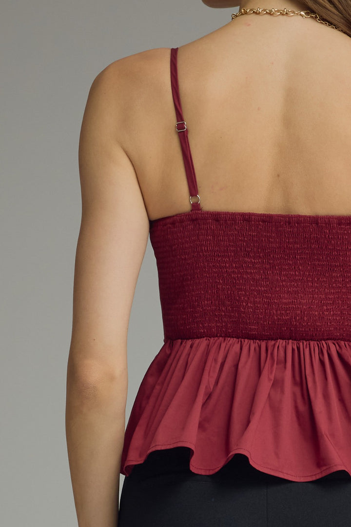 Keira Top in Merlot — adjustable strap and smocked back detail
