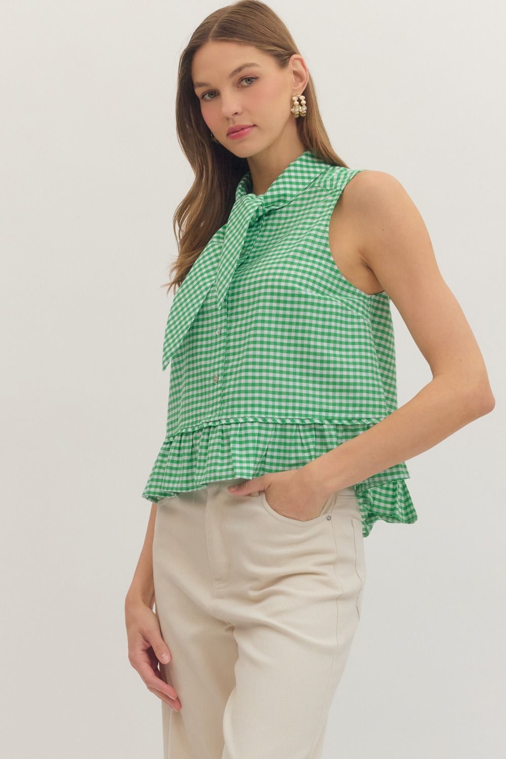 Gingham Tie Neck Top