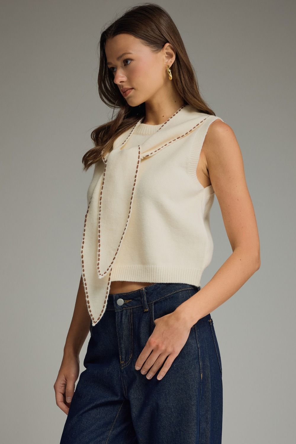 Savannah Tie-Neck Knit Top in Cream