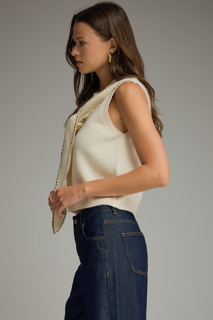 Savannah Tie-Neck Knit Top in Cream