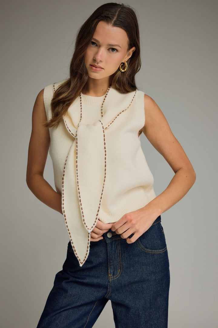 Savannah Tie-Neck Knit Top in Cream