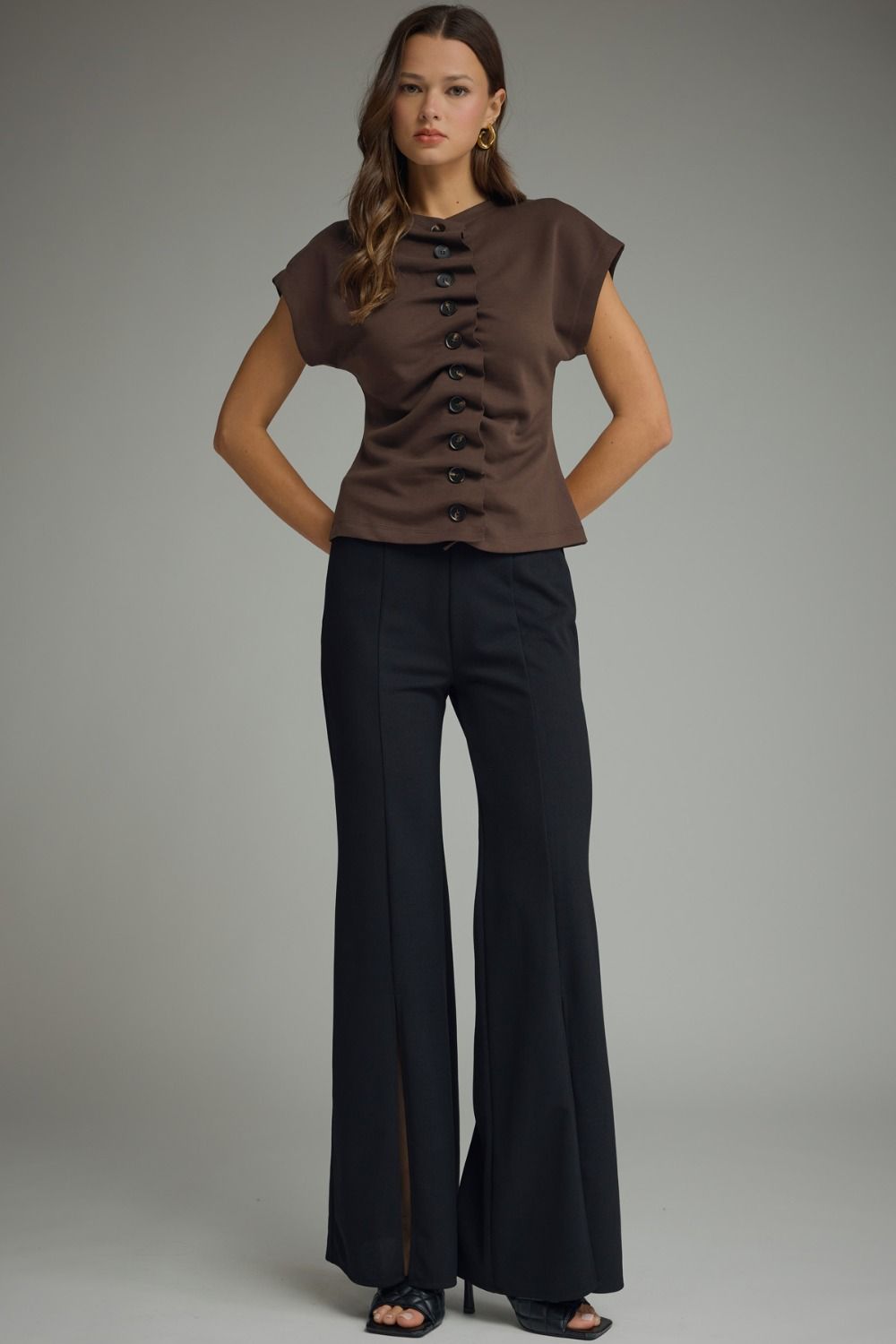 Clementine Button Knit Top in Brown