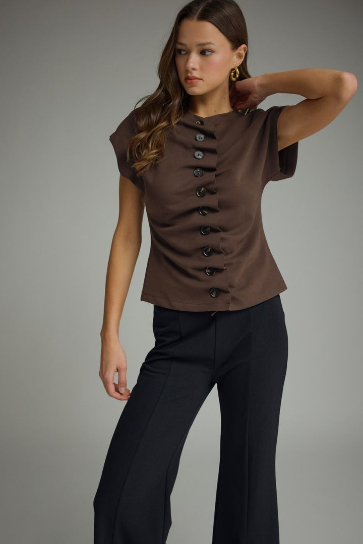Clementine Button Knit Top in Brown