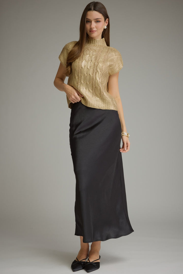 Margo Top in Gold — metallic cable knit sweater top, full look