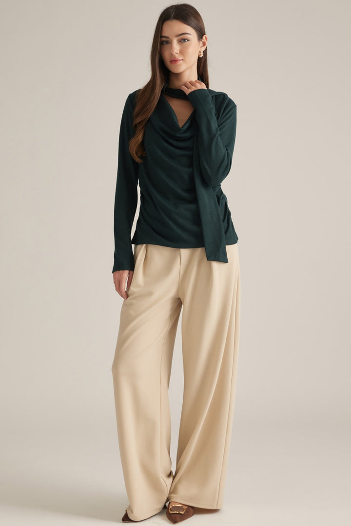 Edith Top in Hunter Green — cowl neck sweater with attached scarf, full look