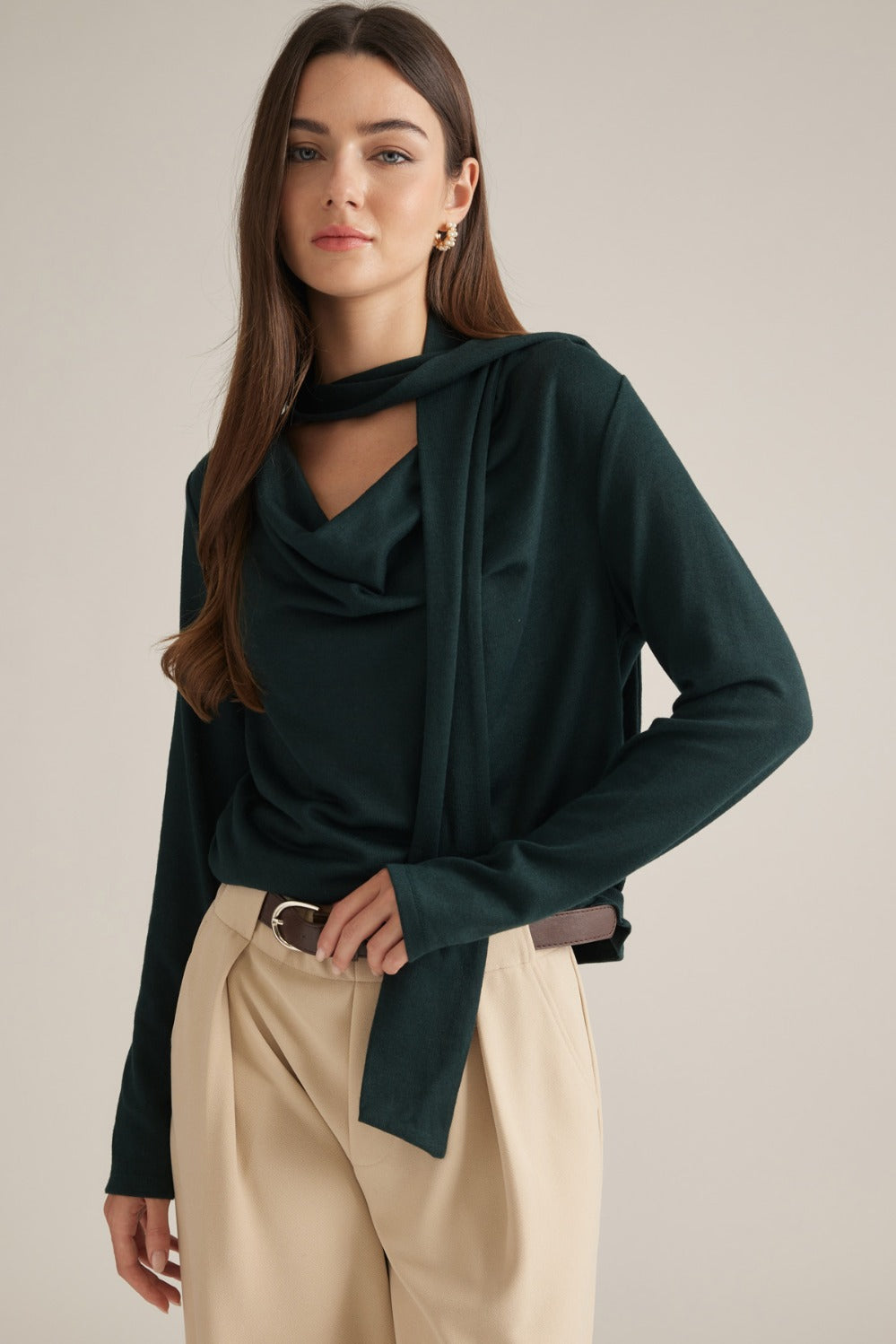 Edith Top in Hunter Green — scarf drape detail