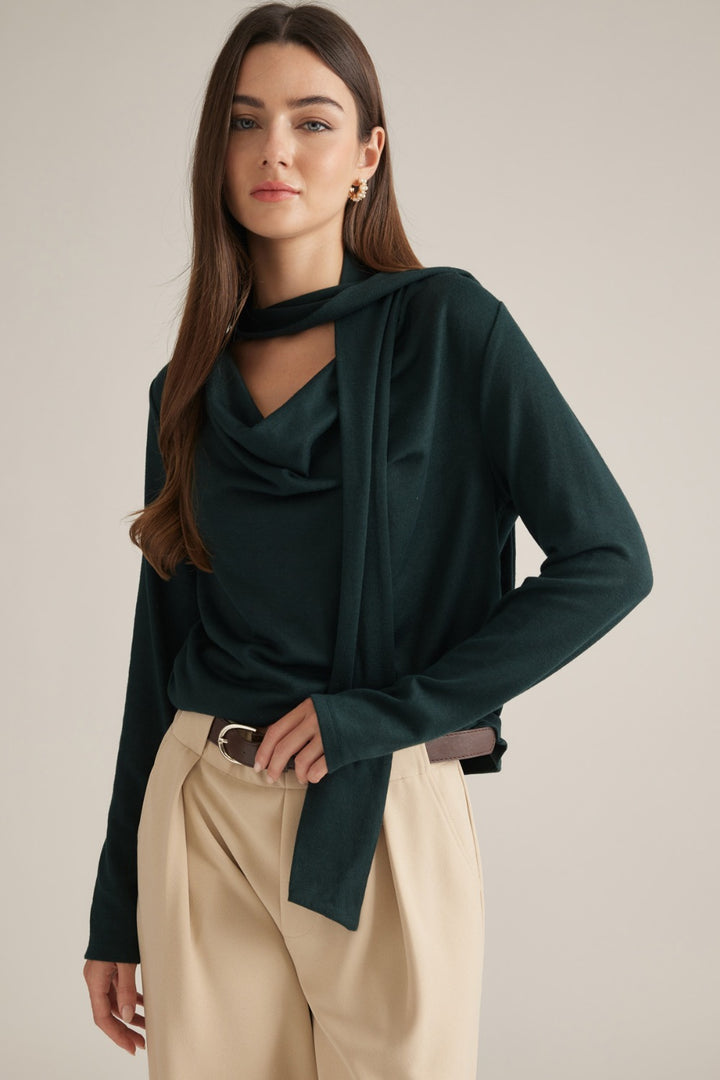 Edith Top in Hunter Green — scarf drape detail