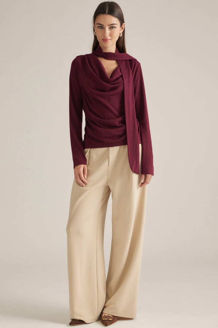 Edith Top in Burgundy — cowl neck sweater with attached scarf, full look