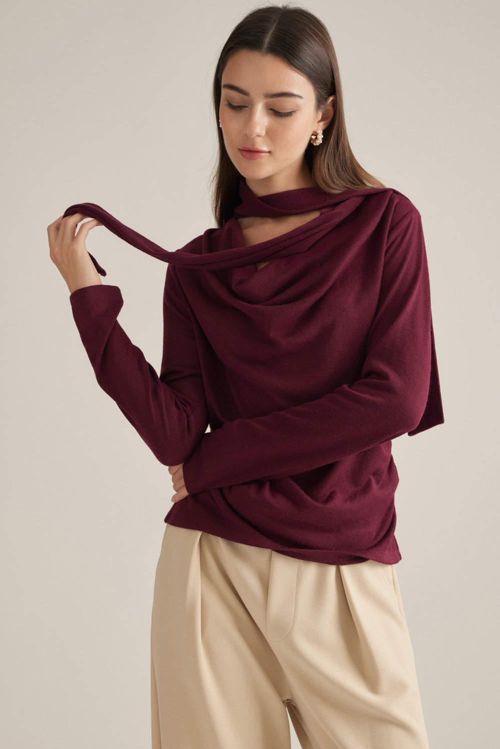 Edith Top in Burgundy — scarf drape detail