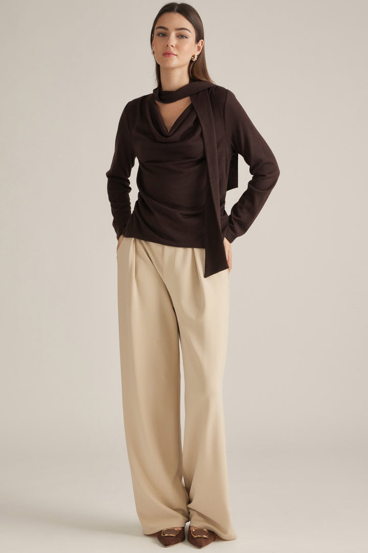 Edith Top in Brown — cowl neck sweater with attached scarf, full look