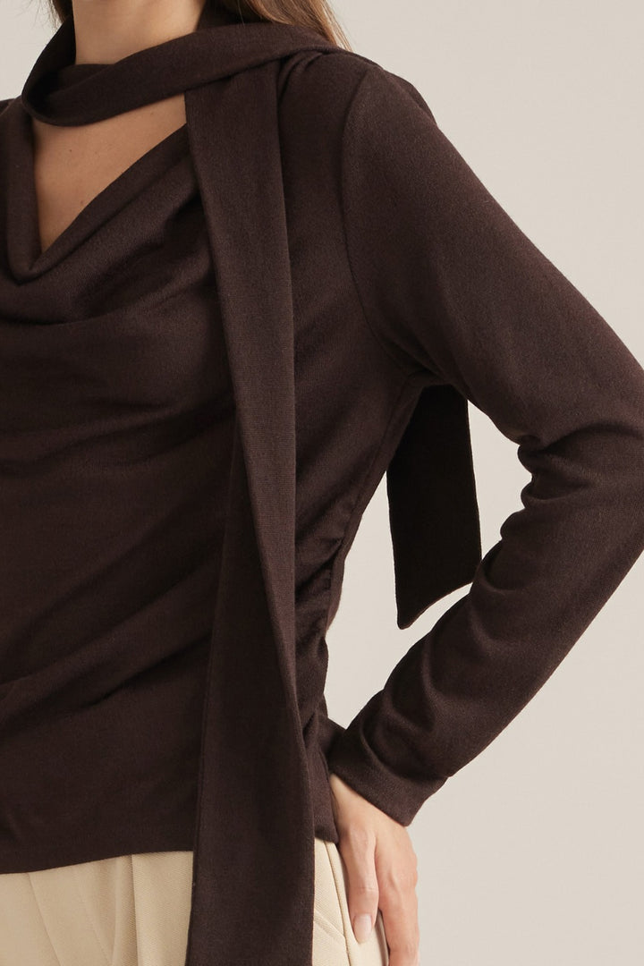 Edith Top in Brown — attached scarf and button accent detail
