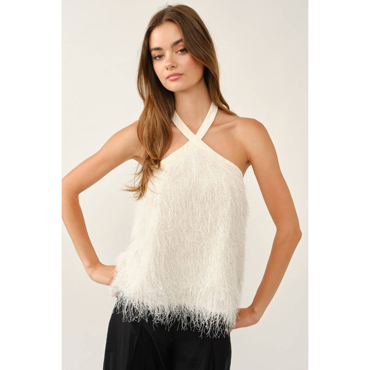 Fawn Top in ivory — front view of the faux-feather fringe halter