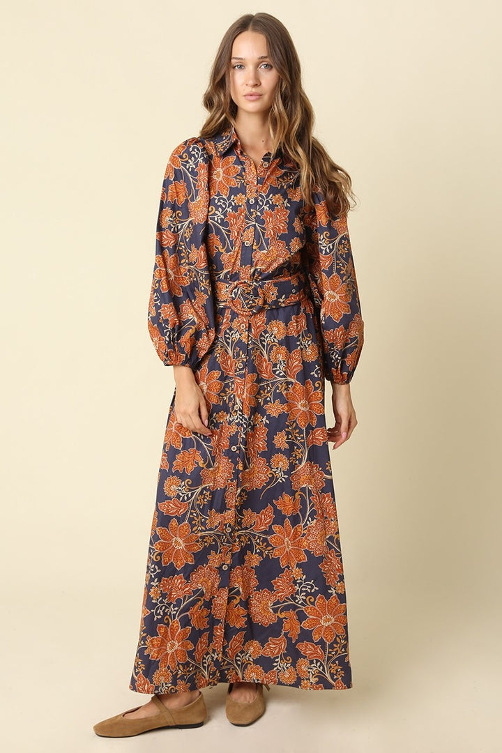 Julia Dress, navy and rust floral maxi shirt dress, front