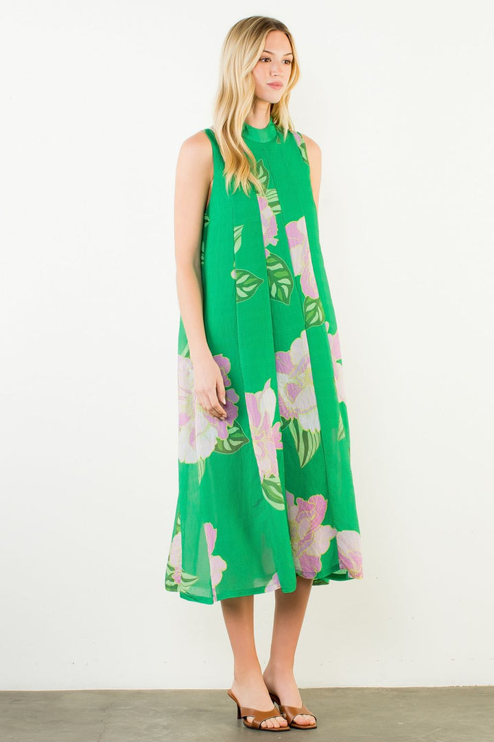 Sleeveless Floral Back Tie Midi Dress