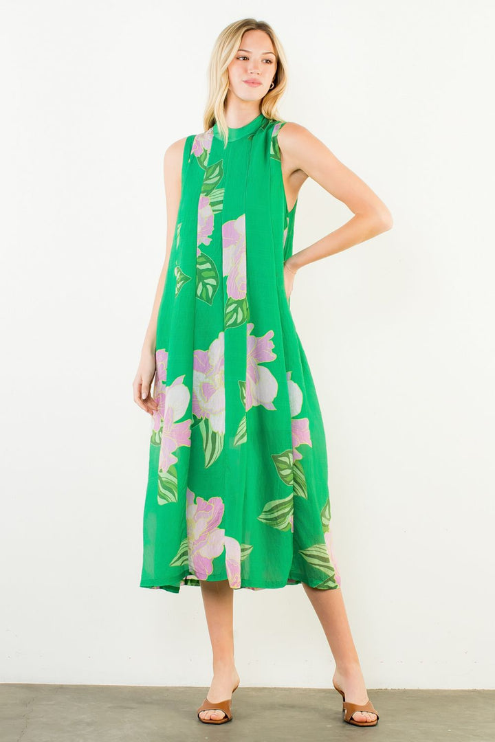 Sleeveless Floral Back Tie Midi Dress