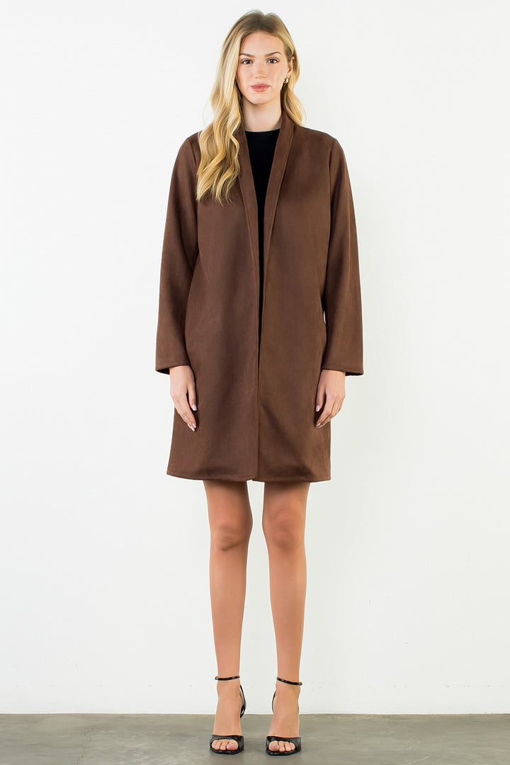 Briar Coat in brown — front view of the open shawl collar coat