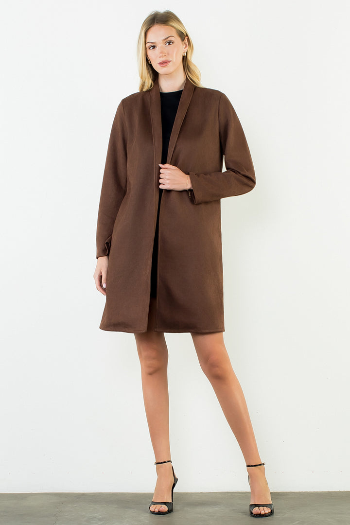 Briar Coat in brown — full-length styled view