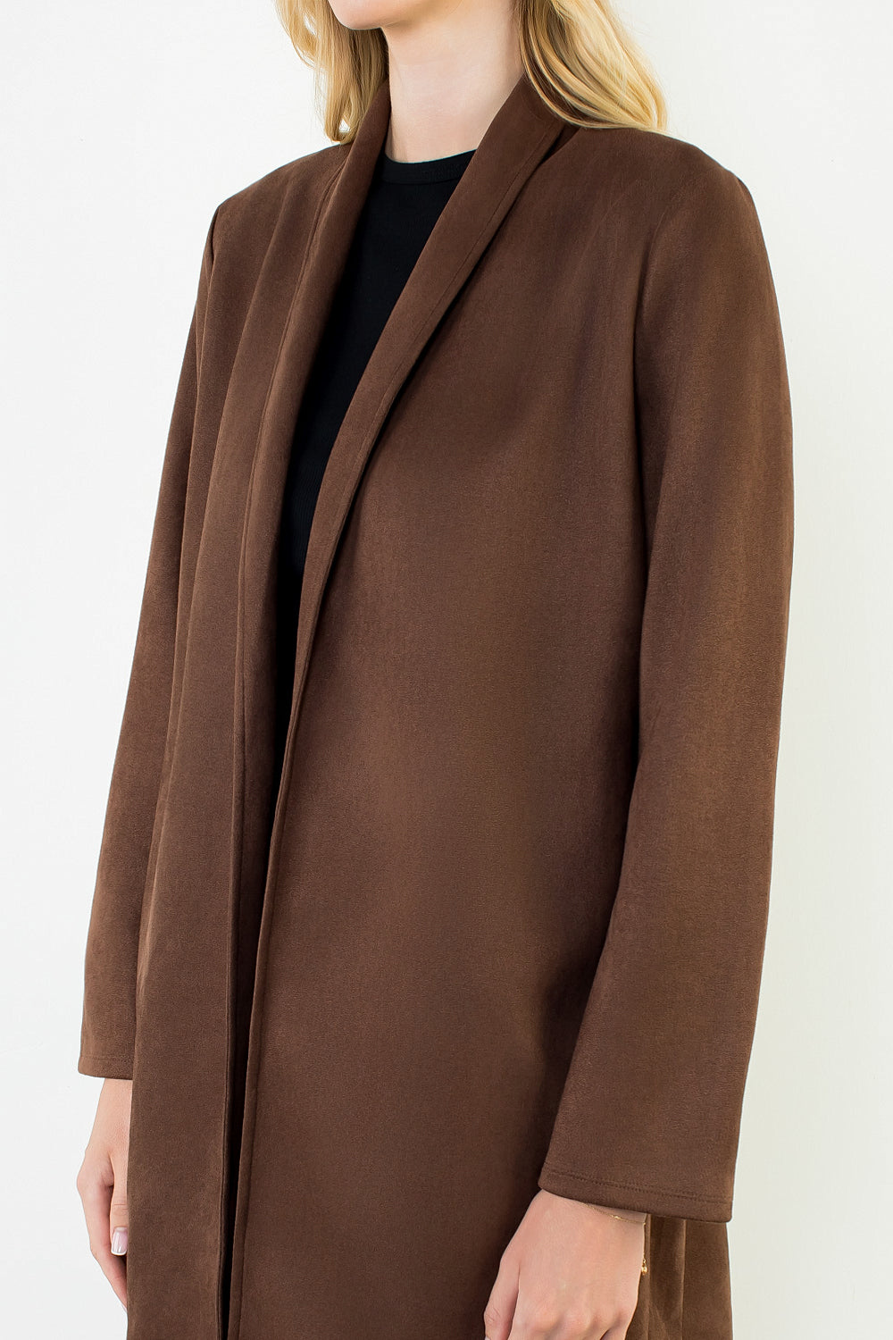 Briar Coat in brown — close-up of the shawl collar and suede-look fabric