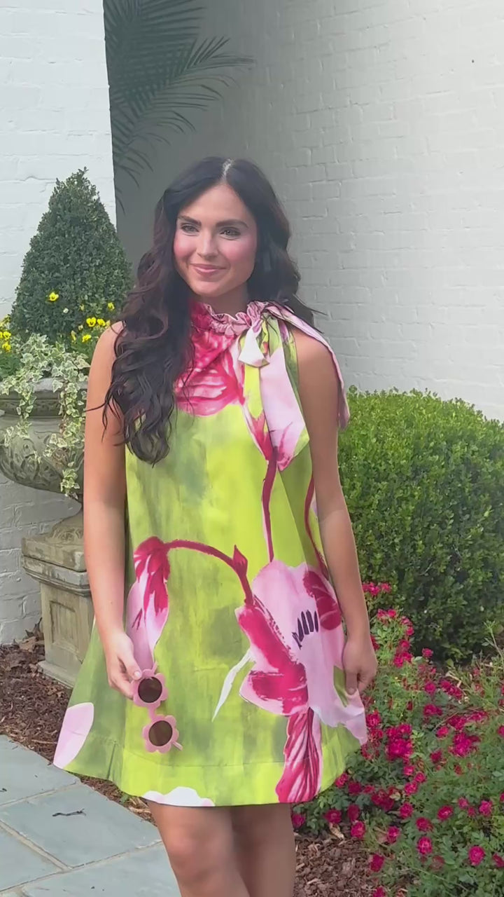 Artist Floral Ruffle Neck Dress