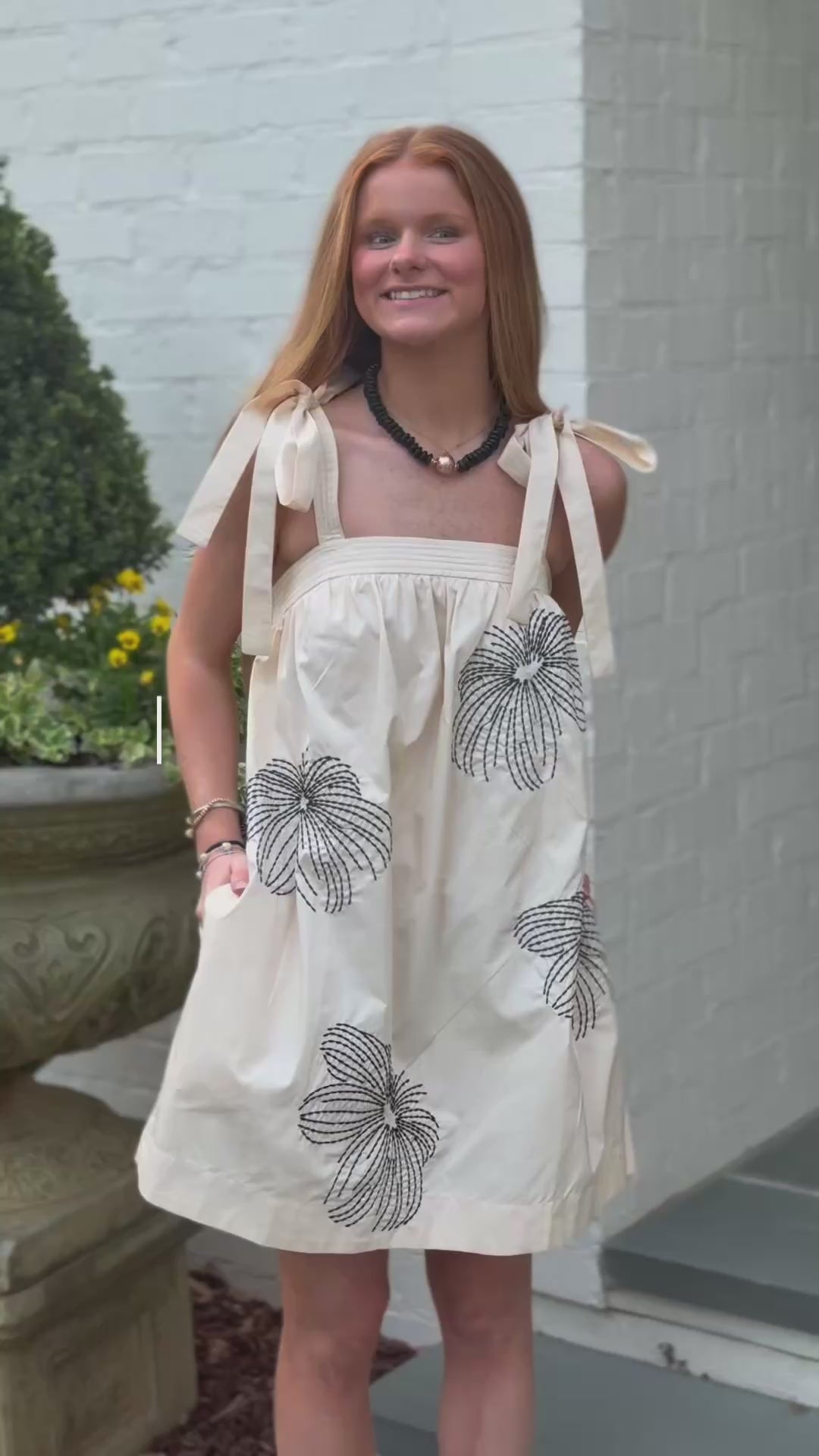 Embroidered Tie Shoulder Dress