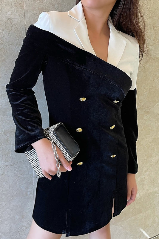 Asymmetrical Velvet Mini Blazer Dress Black