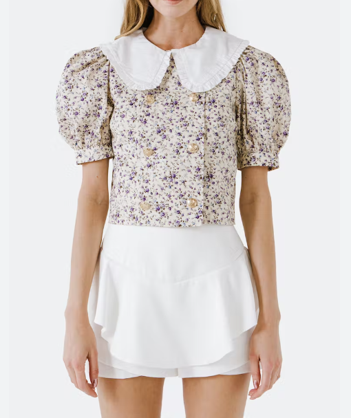 Oversized Collar Floral Top IVORY MULTI