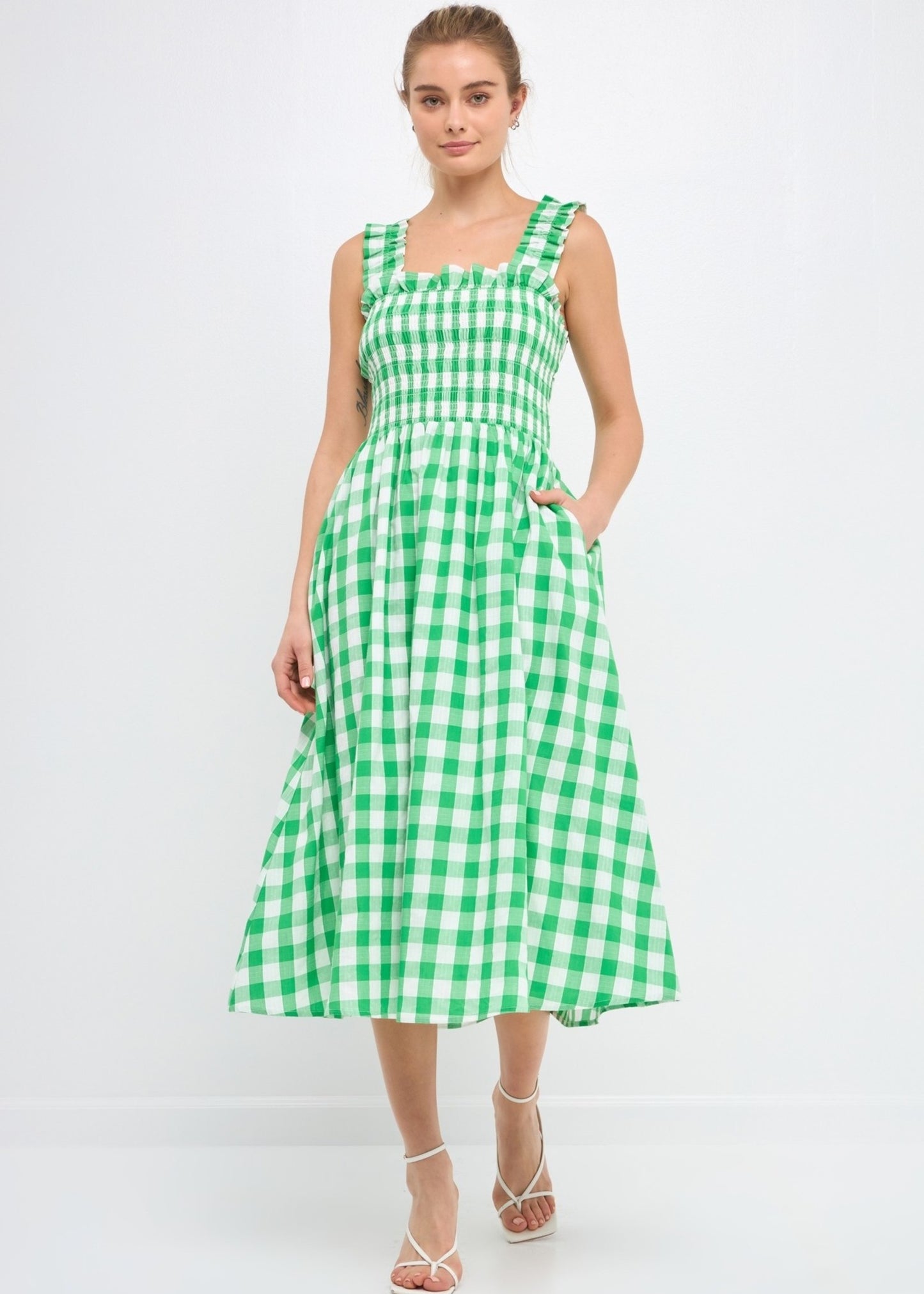 Check Print Smocked Dress Green